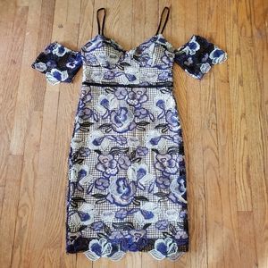 Gianni Bini Blue Black Sheer Crochet Nude Illusion style cocktail dress S/M